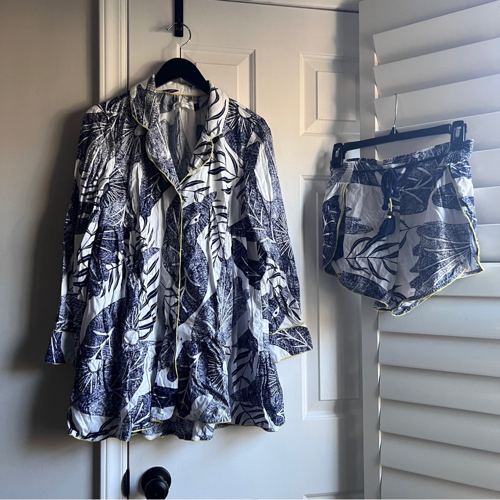 Anthropologie White and Blue Camille Cabanes Botanical Flannel Pajama Set - Picture 5 of 16
